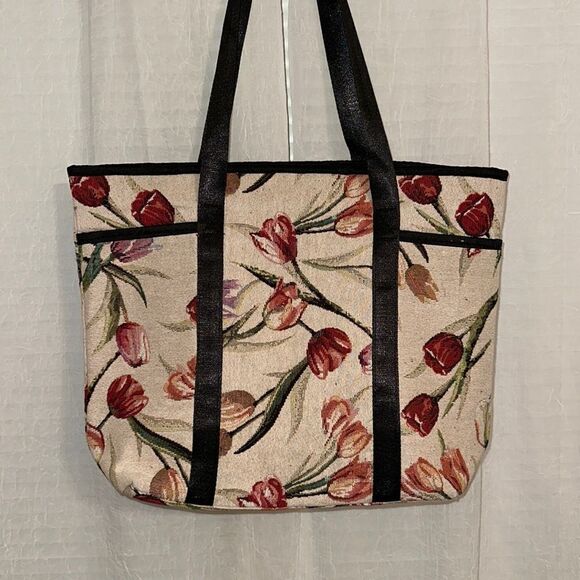 Large Canvas Tulip Print Ivory Green Red Black Trim Tote - Picture 1 of 8